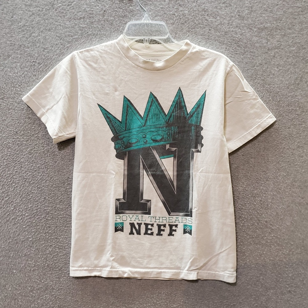 Neff Boys T-Shirt Small Cream Royal Threads N Crown Graphic Short Sleeve Crew‎